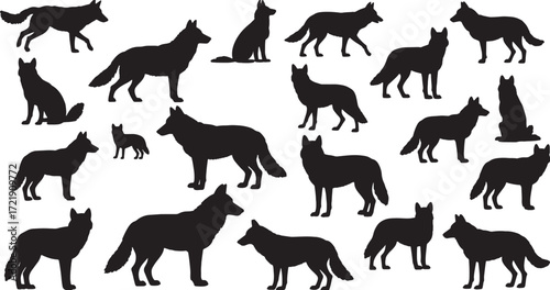 Set of wolf silhouettes including howling and standing wolves, editable EPS vector.