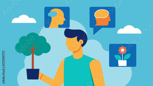 A person recovering from a brain injury using a photo montage as a cognitive and physical rehabilitation activity practicing fine motor skills and memory recall.. Vector illustration