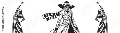 Elegant woman in trench coat and hat strikes a dramatic pose with synchronized dancers