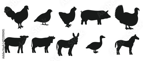 cattle farm animals and birds silhouettes