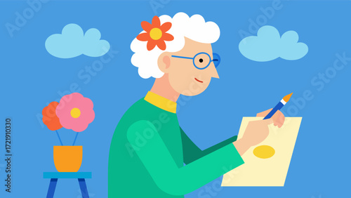 A senior citizen participating in an art class using creative expression to improve their cognitive function and ability to recall memories.. Vector illustration