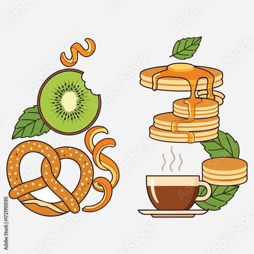 Collection of delicious breakfast food illustrations featuring pancakes with syrup, coffee, a savory pretzel, and fresh kiwi fruit
