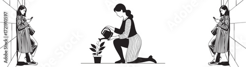 Woman nurturing plant while others focus on phones, symbolizing modern life balance.