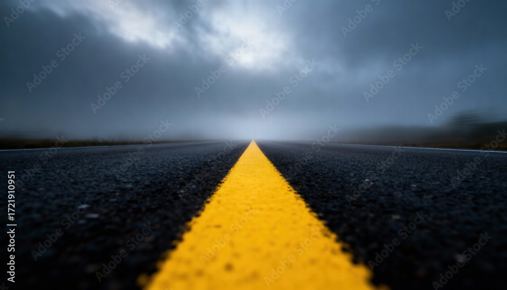 Fototapeta premium A long asphalt road stretches towards the horizon under a cloudy, stormy sky, marked by a bright yellow center line.