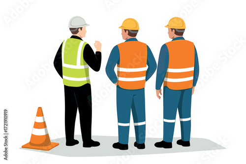 Three construction workers in reflective safety vests and hard hats discussing plans near an orange traffic cone.