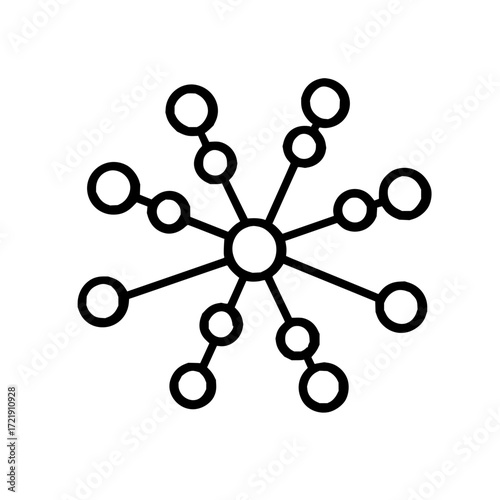 Simple black and white illustration of a network with connected circles radiating outwards symmetrically
