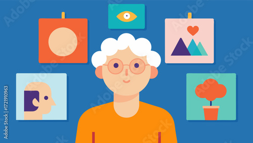 A photography exhibit features stunning photos taken by elderly individuals through art therapy sessions. These photos showcase the beauty and importance of creativity in promoting. Vector