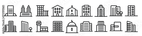 city town buildings linear icons vector set 
