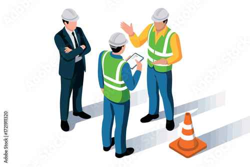 Construction site meeting with safety vests and hard hats discussing plans near traffic cone showing teamwork and project management on