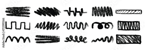 Coal s scribbles, drawn with black charcoal, crayon texture, freehand graphic for decoration. Stickers, design elements, hand drawing. Vector illustration.