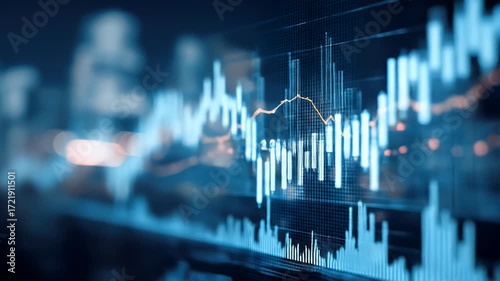 Financial data displayed on a screen, showing stock market charts
