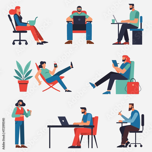 Diverse Group of Modern Professionals Working Remotely and Using Digital Devices in Various Relaxed and Productive Environments. Modern business concepts and flexible career paths in a digital age