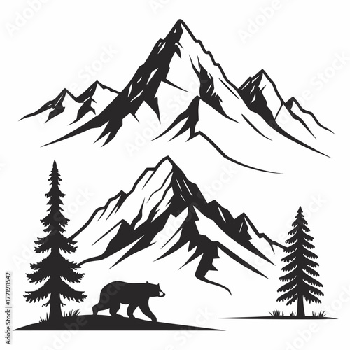 Black Silhouette of Mountains, Pine Trees, and a Walking Bear on a White Background peak peaks