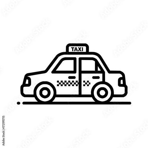 Illustration of a taxi cab with a checkered pattern and a taxi sign on the roof in black and white line art