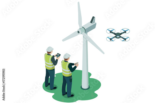 Renewable energy professionals inspecting wind turbine with drone technology for enhanced efficiency and maintenance