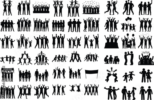 Groups of Happy People Silhouette Icon Collection Joyful Crowd and Friends Vector Silhouette Set