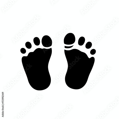 Black silhouette of baby footprints with toes in flat minimalist vector style isolated on white background for newborn and infant concepts illustration