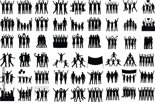 Groups of Happy People Silhouette Icon Collection Joyful Crowd and Friends Vector Silhouette Set