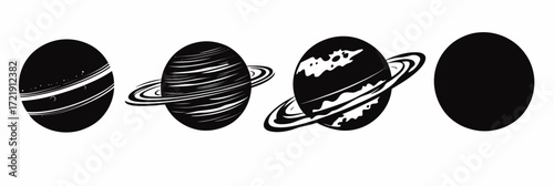 Black silhouette vector set of four different planets with rings and surface textures in flat minimalist style isolated on white background
