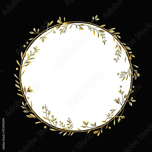 Elegant gold floral wreath circle frame with delicate leaves and branches on black background for decorative design and invitations