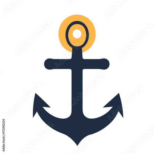 Flat minimalist nautical anchor symbol with circular top ring in dark blue and orange accent isolated on white background vector illustration