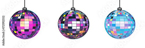 Three colorful disco balls hanging party decoration with reflective mirrored tiles in minimalist flat vector style on white background for dance club or celebration design