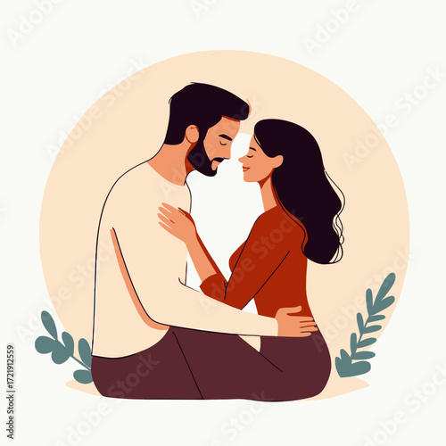 Romantic couple embracing sitting close with eyes closed minimalistic flat vector illustration of intimate love and connection between man and woman in warm soft tones