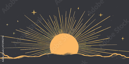 Minimalist vector illustration of sun rising behind wavy horizon with detailed radiant starburst rays and sparkling stars on dark background