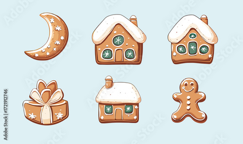 Set of festive gingerbread cookies including decorated house shapes, crescent moon, gift box, and gingerbread man with icing on light background for Christmas holiday celebration