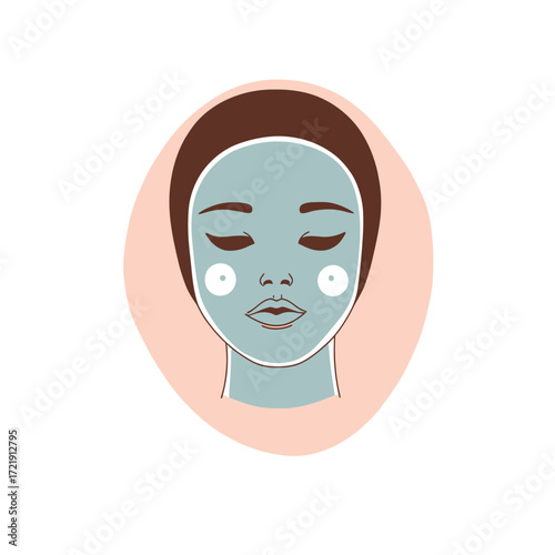 Minimalist flat vector illustration of woman with blue acne face mask and closed eyes, skincare beauty treatment concept for health and wellness