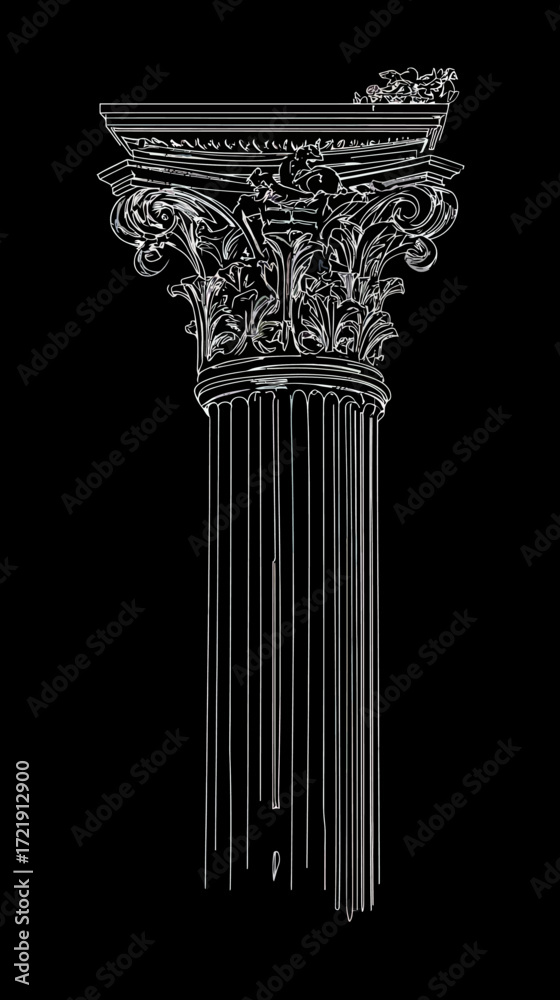 Obraz premium Detailed black and white vector illustration of a classical Corinthian column with acanthus leaf decorations and fluted shaft in minimalist flat outline style
