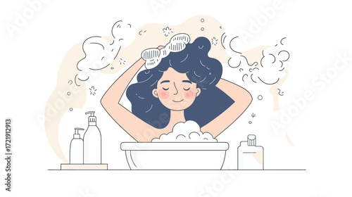 Woman washing hair with shampoo lathering bubbles foam beauty care bath hygiene routine minimal flat style vector illustration