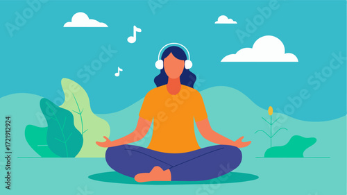 A person sitting in a peaceful setting with a personalized music playlist playing in the background promoting relaxation and stress reduction.. Vector illustration