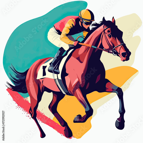 Dynamic horse racing competition with jockey in colorful helmet riding galloping racehorse in flat minimalist vector style