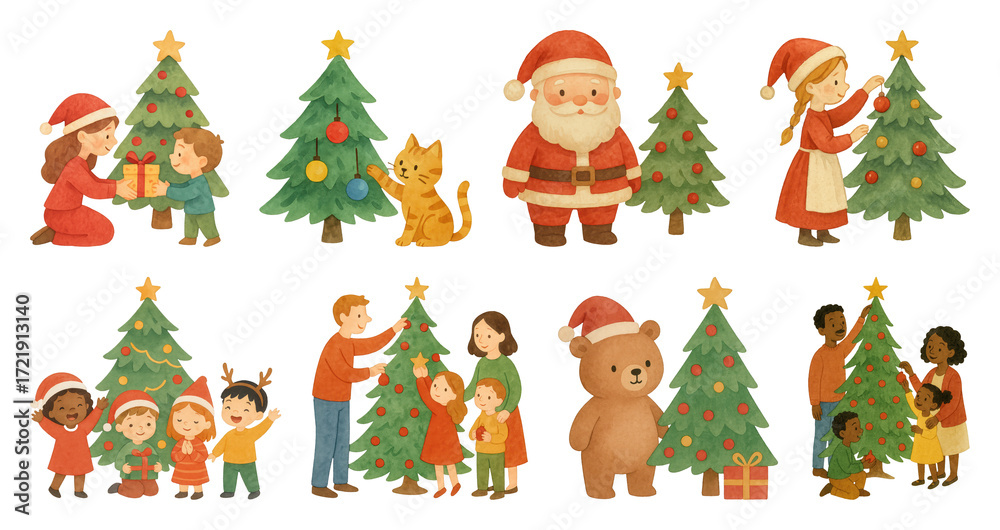 Fototapeta premium PNG Whimsical festive holiday illustrations, element set on transparent background