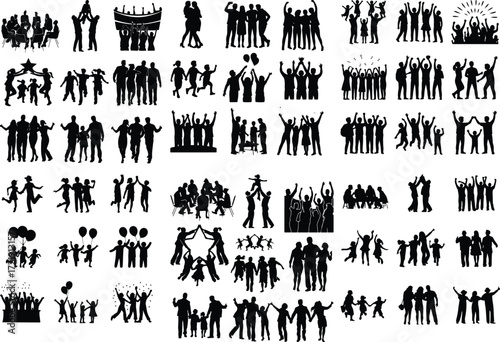 Groups of Happy People Silhouette Icon Collection Joyful Crowd and Friends Vector Silhouette Set