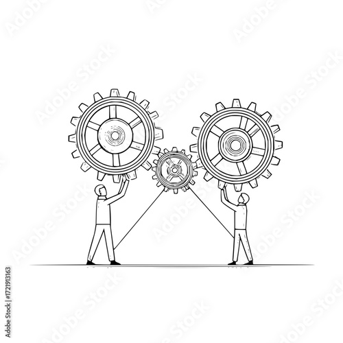Two people holding up gears connected by lines and a central gear in a monochrome illustration