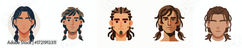 Vector avatar of a man's face with long hair tied in a ponytail, tanned skin, neutral expression