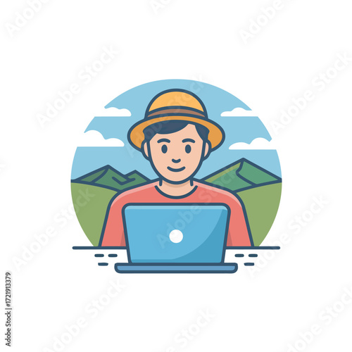 Digital Nomad Working Outdoors with Laptop and Landscape Background in Peaceful Countryside