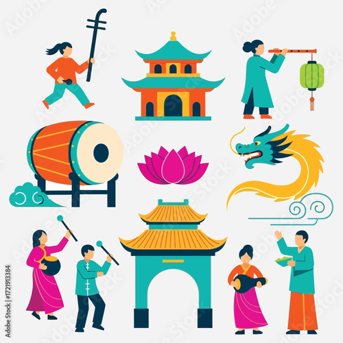 Cultural Icons A vibrant illustration showcasing diverse elements of Chinese traditions and heritage