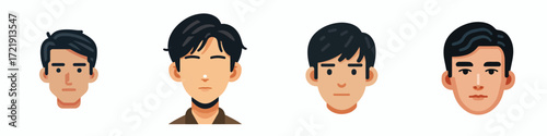 Vector Avatar of a young man's face with short, straight black hair, tanned skin, neutral expression