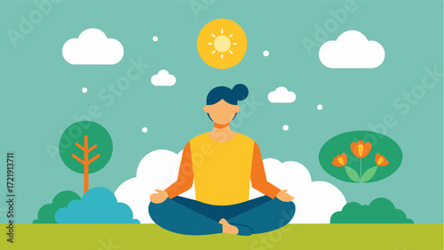 A person meditating in a peaceful garden with thought bubbles showing a clearing of the mind the sound of chimes and the warmth of the sun on their skin.. Vector illustration