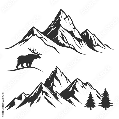 Silhouette of majestic mountain ranges with a bull moose and pine trees on a white background