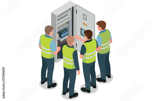 Team of workers in high visibility vests collaborating around server racks for data center operations and it infrastructure management