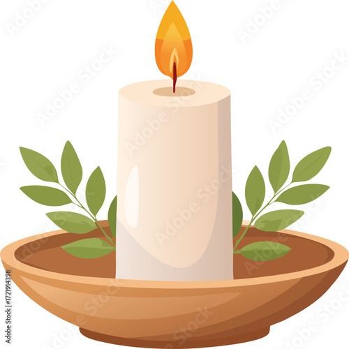 A lit white candle with green leaves in a wooden bowl, symbolizing peace and tranquility.