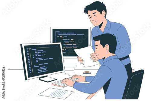 Two coders collaborate on computer screens learning programming teamwork and software development synergy