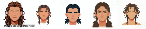 Vector avatar of a man's face with long hair tied in a ponytail, tanned skin, neutral expression