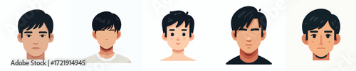 Vector Avatar of a young man's face with short, straight black hair, tanned skin, neutral expression