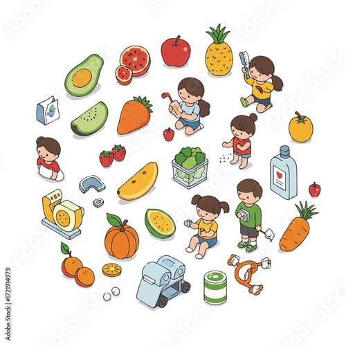 Vibrant isometric vector illustration of diverse children happily interacting with fresh organic fruits, healthy vegetables, and wholesome drinks, promoting balanced nutrition
