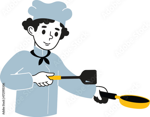 Cartoon chef in light blue uniform holding a spatula and a frying pan